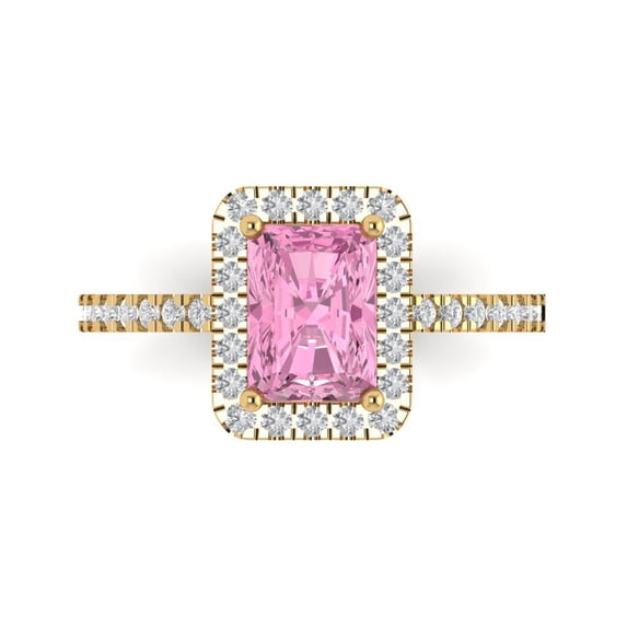 Clara Pucci 14K Yellow Gold Solid Gold Pink Halo Anniversary Ring for Women - 1.86 cttw Emerald Cut