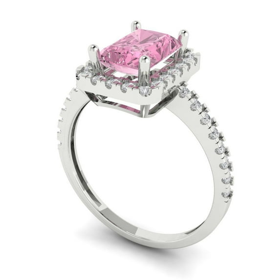 1.86ct emerald cut pink Zircon 14k white gold halo Bridal Wedding Engagement Promise Anniversary Ring for Women size 9.25