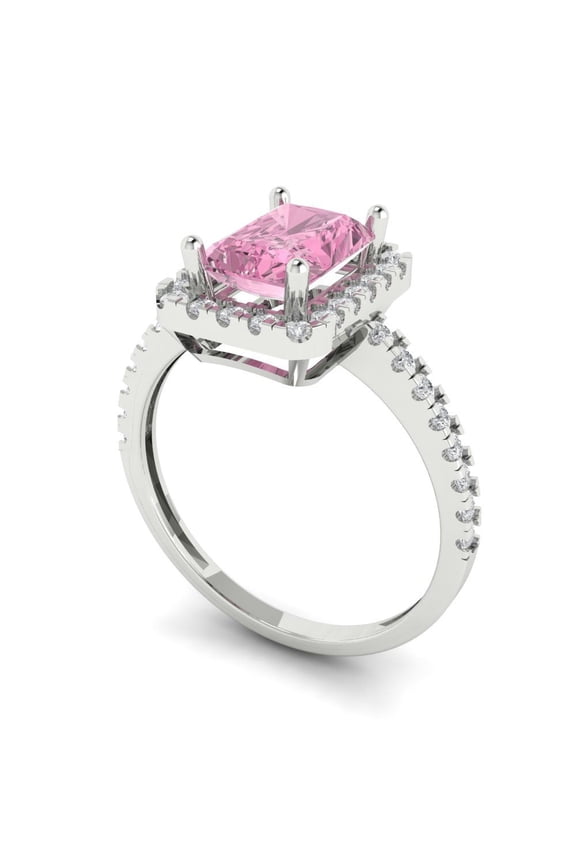 1.86ct emerald cut pink Zircon 18k white gold halo Bridal Wedding Engagement Promise Anniversary Ring for Women size 10