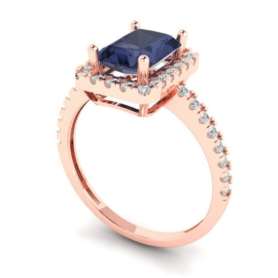 1.86ct emerald cut blue sapphire 18k rose gold halo Bridal Wedding Engagement Promise Anniversary Ring for Women size 5.25