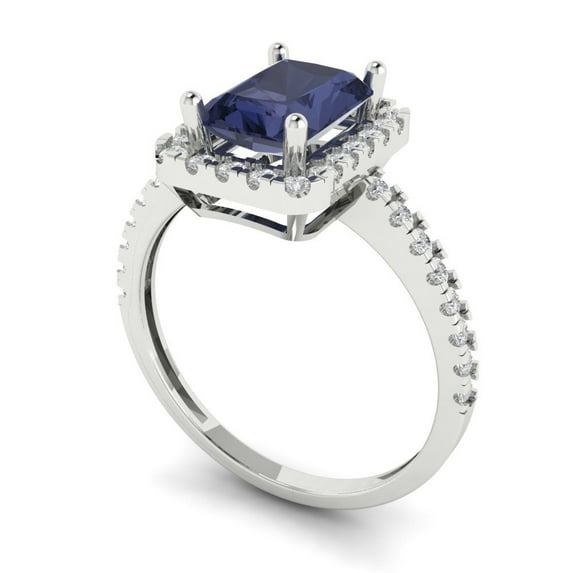 1.86ct emerald cut blue sapphire 18k white gold halo Bridal Wedding Engagement Promise Anniversary Ring for Women size 3.5