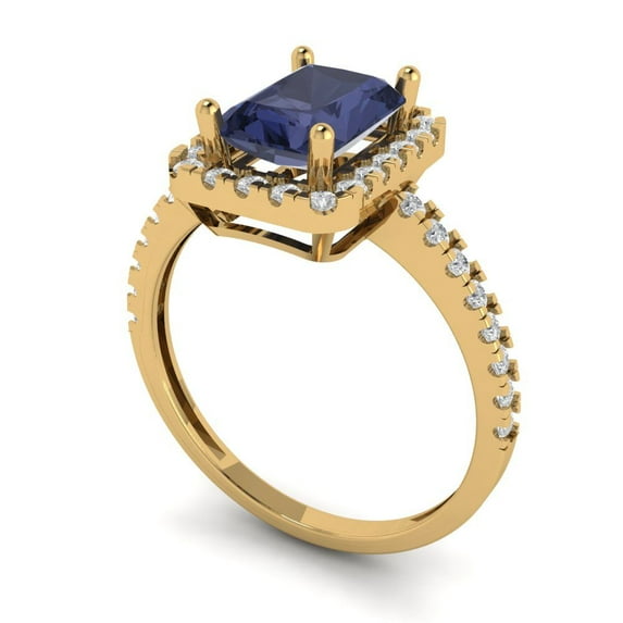 1.86ct emerald cut blue sapphire 18k yellow gold halo Bridal Wedding Engagement Promise Anniversary Ring for Women size 4.5