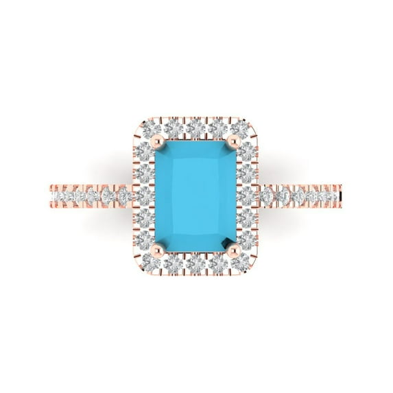 Clara Pucci 14K Rose Gold Solid Gold Turquoise Halo Anniversary Ring for Women - 1.86 cttw Emerald Cut