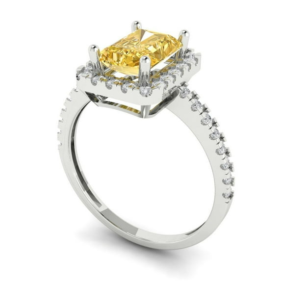 1.86ct emerald cut yellow moissanite 18k white gold halo Bridal Wedding Engagement Promise Anniversary Ring for Women size 5.25