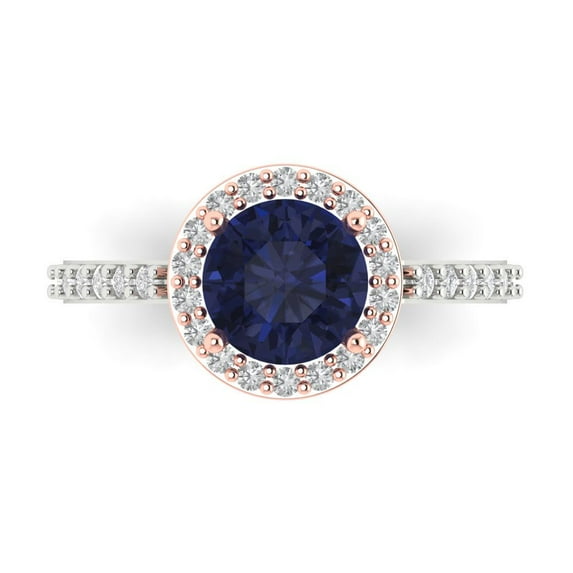 1.86 ct Round Cut Simulated Blue Sapphire Solitaire with Simulated Diamond Accents 14K White/Rose Gold Womens Engagement Ring