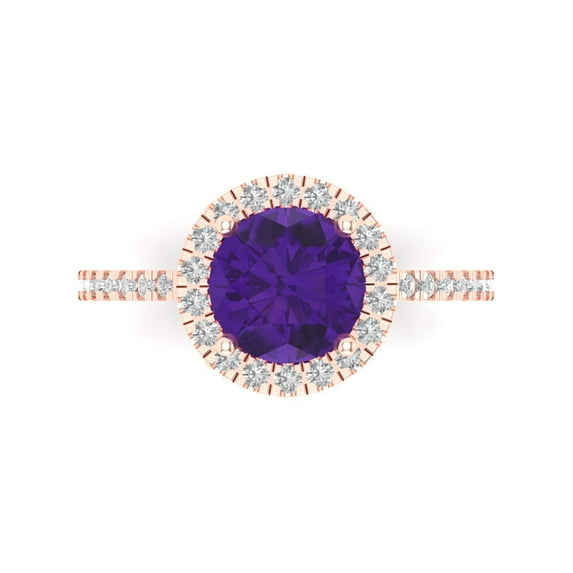 1.8 ct Round Cut Natural Amethyst Solitaire with Simulated Diamond Accents 14K Rose Gold Womens Engagement Ring