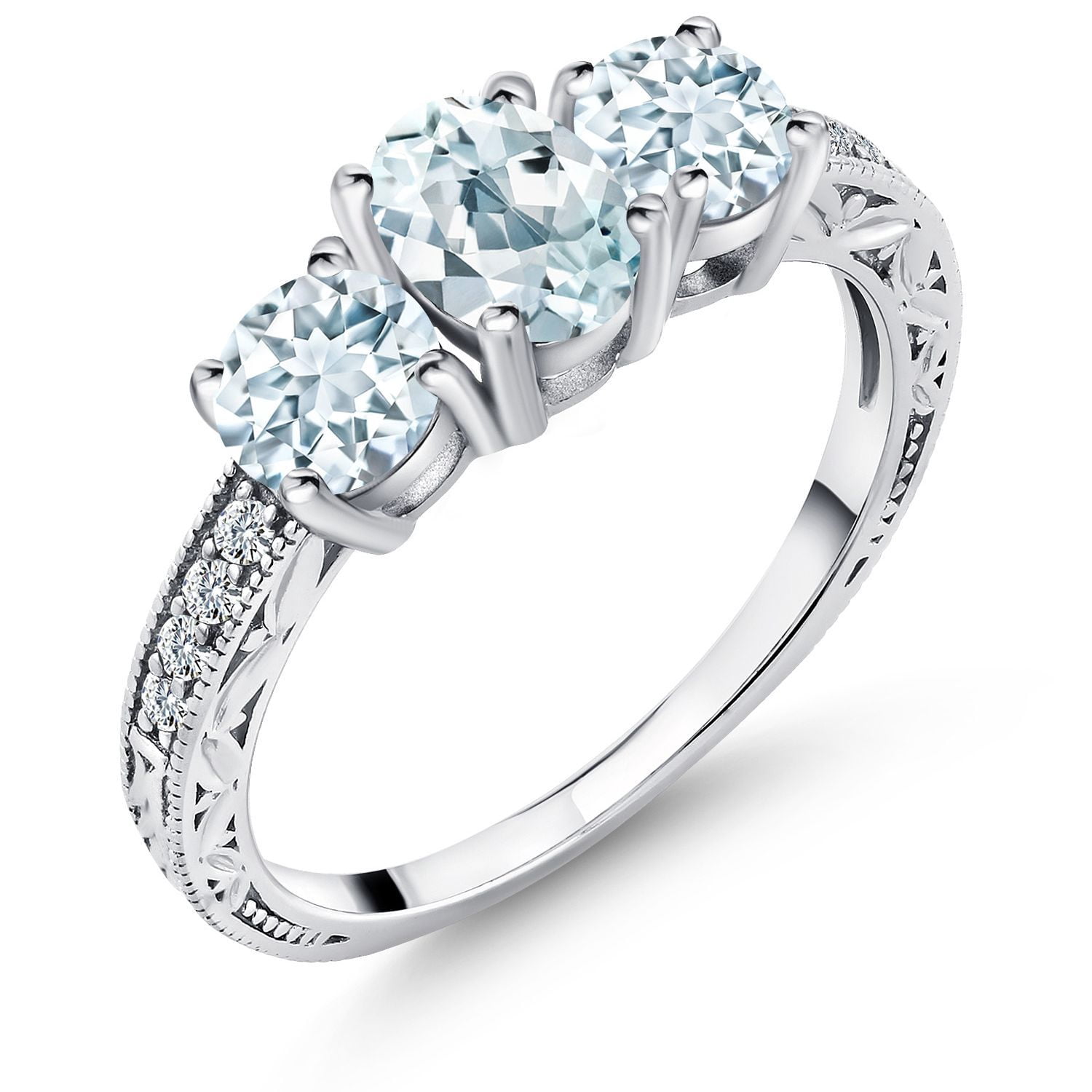 Gem Stone King 1.87 Cttw Sky Blue Aquamarine 3-Stone Engagement Ring for Women | 925 Sterling Silver | Oval 7X5MM and Round 5MM | Three Stone Wedding Anniversary Promise Ring | Size 9