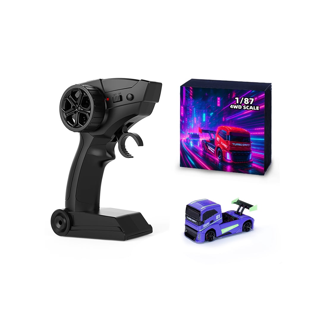 1/87 Scale 4WD Full Proportional RC Drift Car,  2.4G HighSpeed Mini Truck Model with Simulated Brake Calipers, Linked Lights (RTR/Purple)