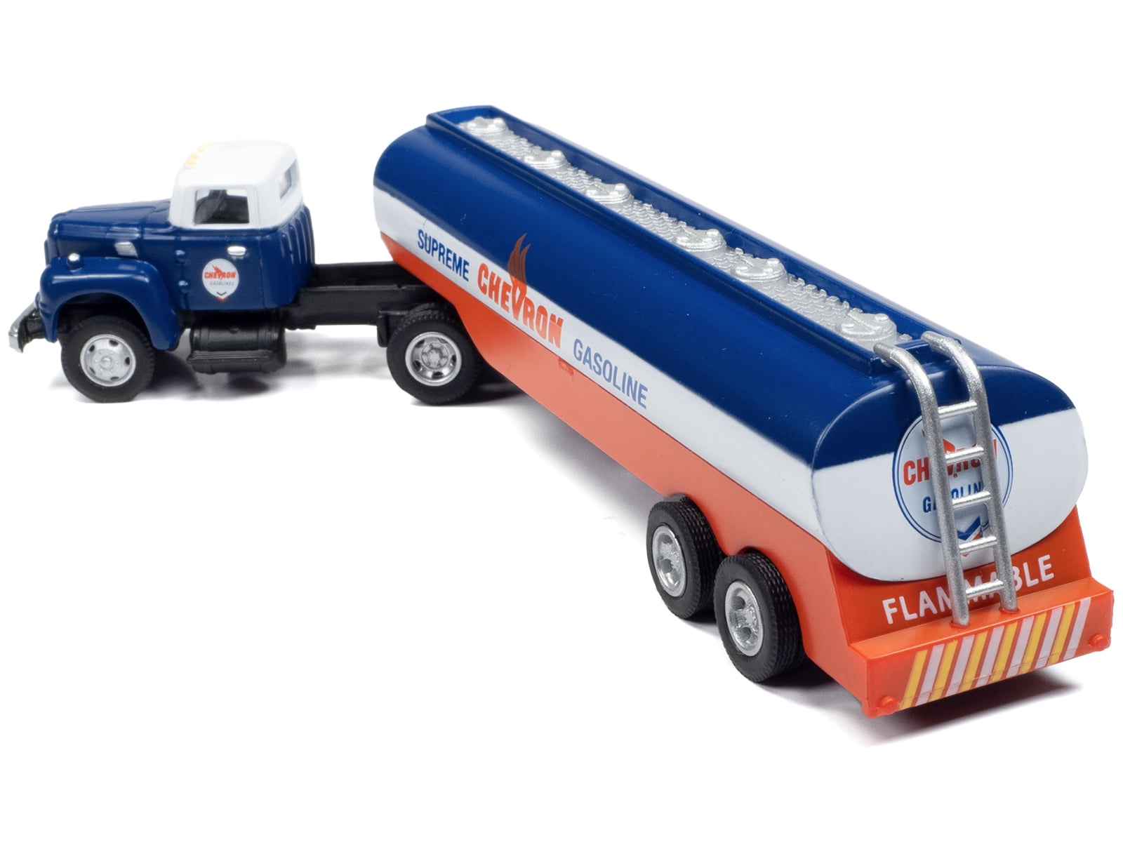 1/87 Scale Model 1954 IH R-190 Tractor in Blue and White with Chevron Supreme Gasoline er Trailer by Classic Metal Works