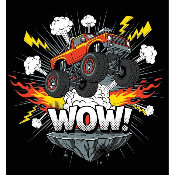 1.875" Round Pre-Cut Red Extreme Monster Truck Jumping Wow With Flames Photo Edible Image Cake,Cupcake & Cookie Toppers (20 Per Sheet)