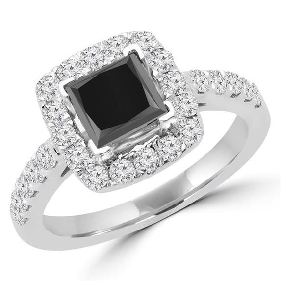 1.88 CTW Princess Cut Black & White Diamond Halo Engagement Ring in 14K White Gold
