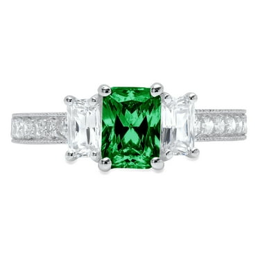 1.82ct Emerald cut - Three- Stone - VVS1 Simulated Emerald - 14k White Gold - Bridal Anniversary Engagement Ring