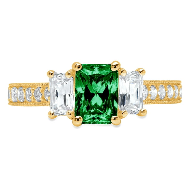 1.82ct Emerald cut - Three- Stone - VVS1 Simulated Emerald - 14k Yellow Gold - Bridal Anniversary Engagement Ring