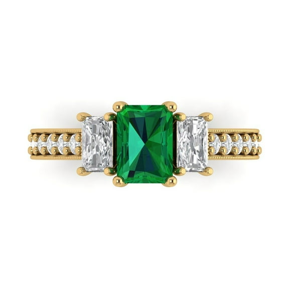 Three-Stone Engagement Ring for Women - 1.88ct Simulated Emerald in 14K Yellow Gold Promise Ring