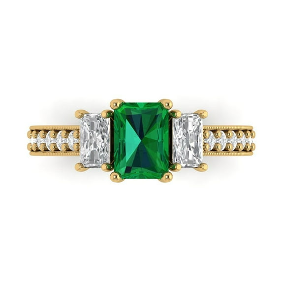 Three-Stone Engagement Ring for Women - 1.88ct Simulated Emerald in 18K Yellow Gold Promise Ring