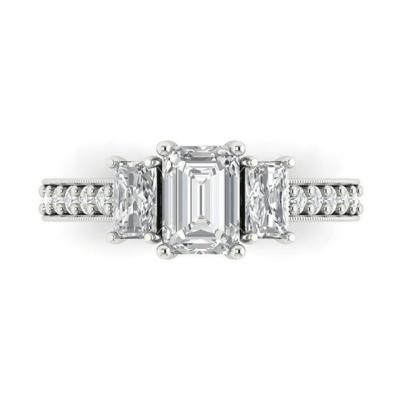 1.88 ct Emerald Cut Moissanite Three-Stone Engagement Ring for Women in 18K White Gold