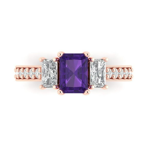 1.88 ctw 3 Stone Anniversary Ring for Women | Emerald Cut Natural Amethyst | Hyperallergenic Solid 18K Rose Gold