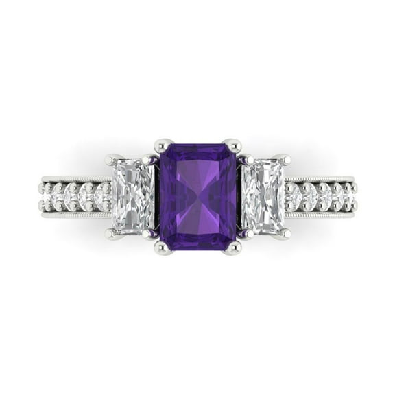 1.88 ct Emerald Cut Natural Amethyst Three-Stone Engagement Ring for Women in 14K White Gold
