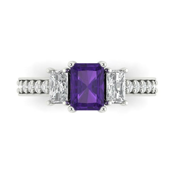 1.88 ct Emerald Cut Natural Amethyst Three-Stone Engagement Ring for Women in 18K White Gold