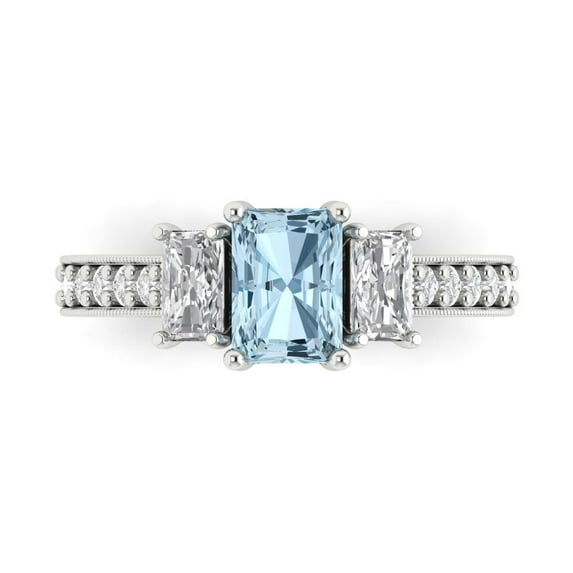 1.88 ct Emerald Cut Natural Aquamarine 3 Stone 18K White Gold Womens Engagement Ring