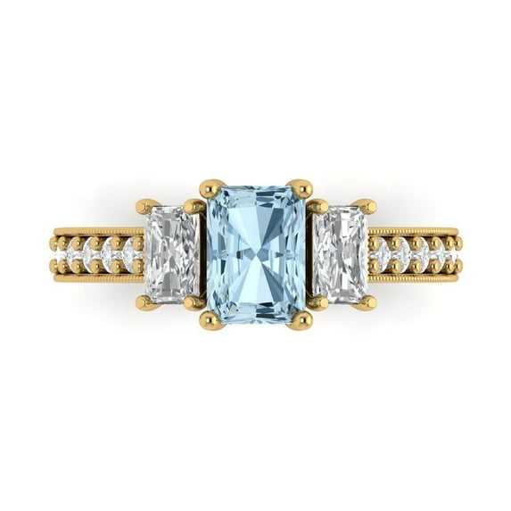 1.88 ct Emerald Cut Natural Aquamarine 3 Stone 18K Yellow Gold Womens Engagement Ring