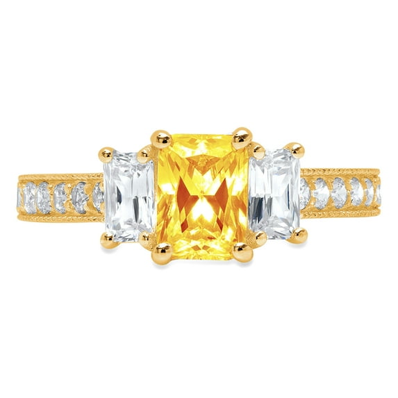 1.88 ct Emerald Cut Natural Citrine 3 Stone 14K Yellow Gold Womens Engagement Ring