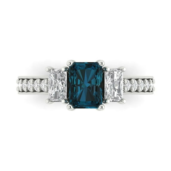 1.88 ct Emerald Cut Natural London Blue Topaz 3 Stone 14K White Gold Womens Engagement Ring