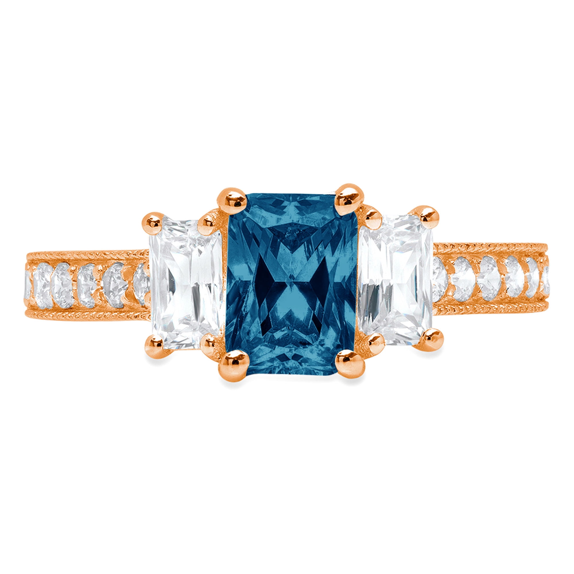 V3 Jewelry Sterling Silver Emerald Cut Natural London Blue Topaz and White Topaz Engagement Ring