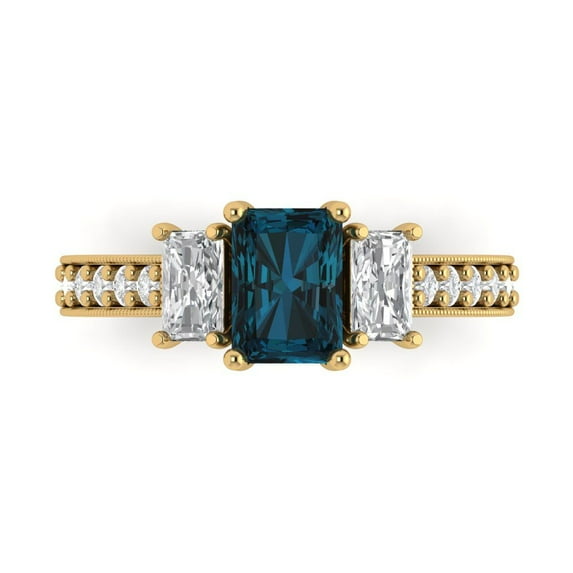 1.88 ct Emerald Cut Natural London Blue Topaz Three-Stone Engagement Ring for Women in 18K Yellow Gold