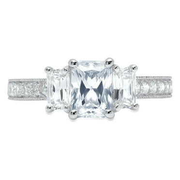 1.88 ct Emerald Cut Natural Sky Blue Topaz 3 Stone 14K White Gold Womens Engagement Ring