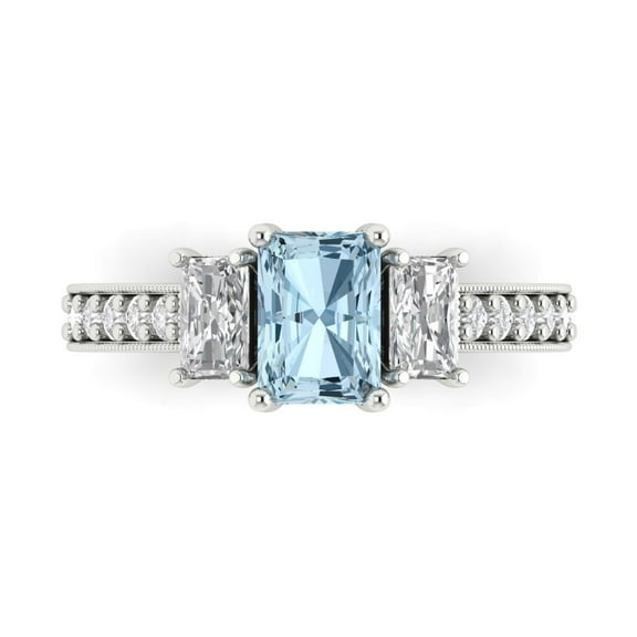 1.88 ctw 3 Stone Anniversary Ring for Women | Emerald Cut Natural Swiss Blue Topaz | Hyperallergenic Solid 14K White Gold