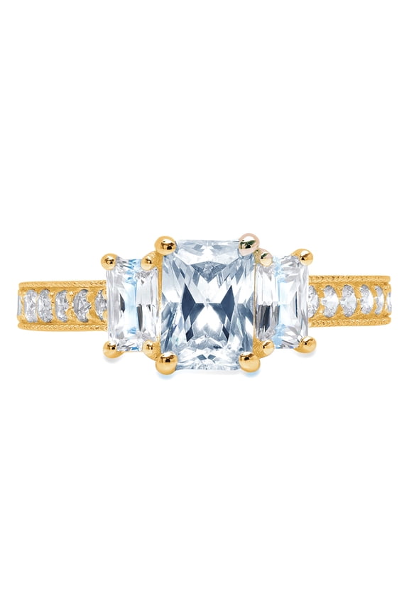 1.88 ct Emerald Cut Natural Swiss Blue Topaz 3 Stone 14K Yellow Gold Womens Engagement Ring