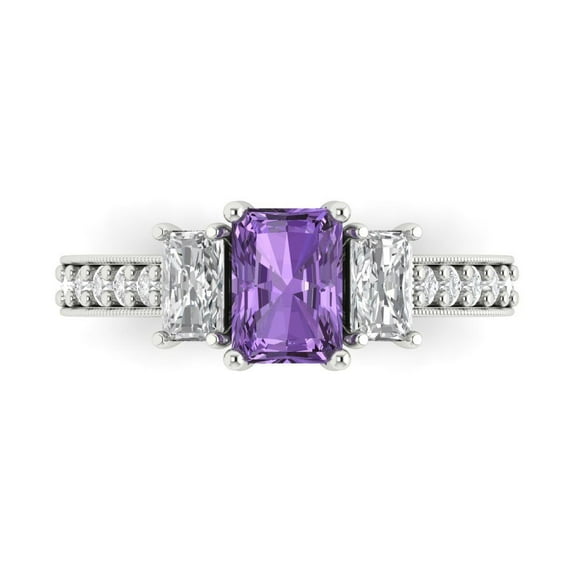 1.88 ct Emerald Cut Simulated Alexandrite 3 Stone 18K White Gold Womens Engagement Ring