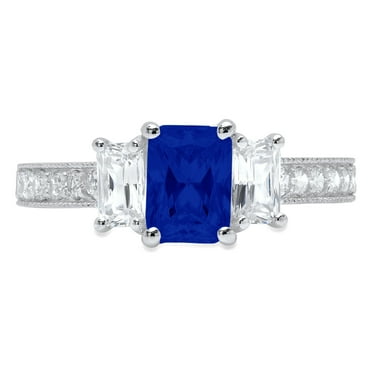 1.88 ct Emerald Cut Simulated Blue Sapphire 3 Stone 14K White Gold Womens Engagement Ring