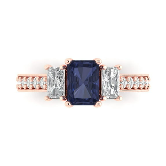 Clara Pucci 14K Rose Gold 1.88ct BlueSapphire Three-Stone Ring for Women