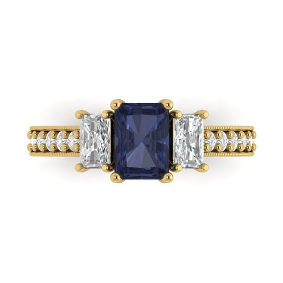 1.88 ct Emerald Cut Simulated Blue Sapphire Three-Stone Engagement Ring for Women in 18K Yellow Gold