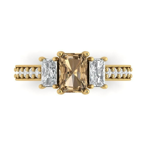 1.88 ct Emerald Cut Simulated Champagne Diamond Three-Stone Engagement Ring for Women in 18K Yellow Gold