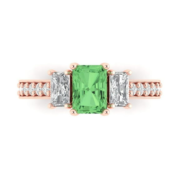 Clara Pucci 14K Rose Gold Solid Gold Green Three-Stone Anniversary Ring for Women - 1.88 cttw Emerald Cut