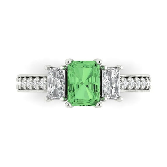 1.88 ct Emerald Cut Simulated Green Diamond 3 Stone 18K White Gold Womens Engagement Ring