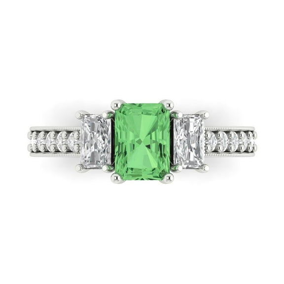 1.88 ct Emerald Cut Simulated Green Diamond Three-Stone Engagement Ring for Women in 14K White Gold