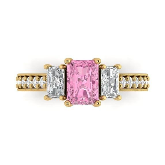 Clara Pucci 14K Yellow Gold Solid Gold Pink Three-Stone Anniversary Ring for Women - 1.88 cttw Emerald Cut