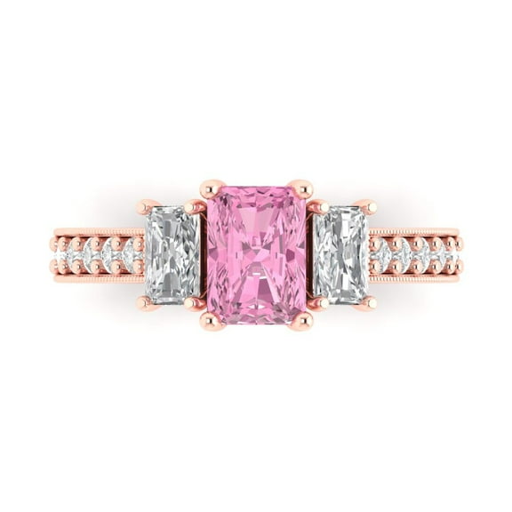 1.88 ct Emerald Cut Simulated Pink Diamond Three-Stone Engagement Ring for Women in 18K Rose Gold