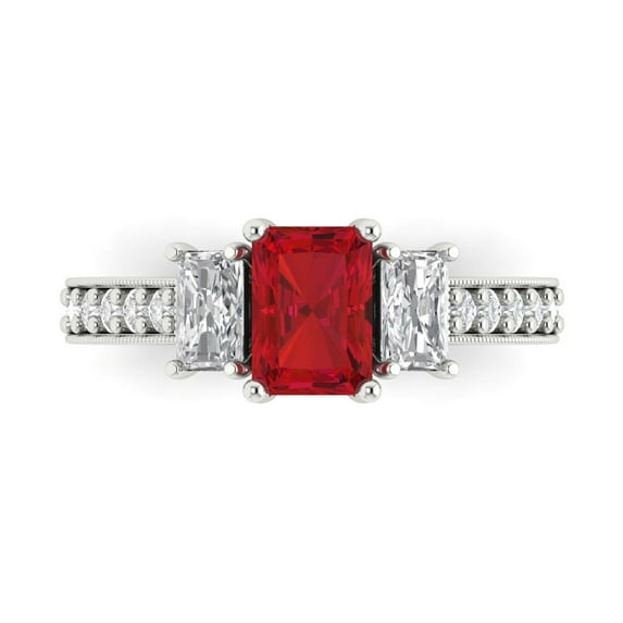 1.88 ct Emerald Cut Simulated Ruby Three-Stone Engagement Ring for Women in 18K White Gold