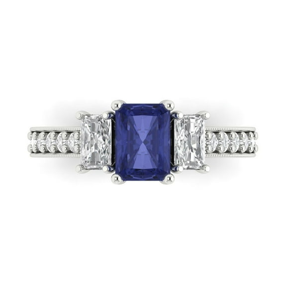 1.88 ctw 3 Stone Anniversary Ring for Women | Emerald Cut Simulated Tanzanite | Hyperallergenic Solid 14K White Gold
