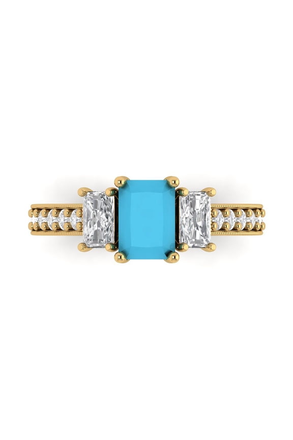 1.88 ct Emerald Cut Simulated Turquoise 3 Stone 14K Yellow Gold Womens Engagement Ring