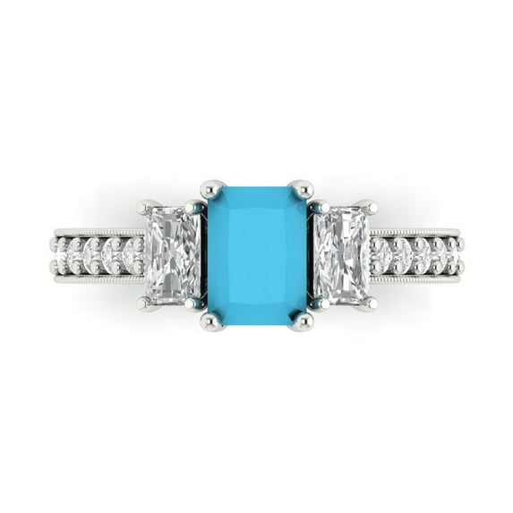Clara Pucci 14K White Gold 1.88ct Turquoise Three-Stone Ring for Women
