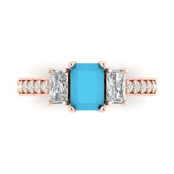 1.88 ct Emerald Cut Simulated Turquoise Three-Stone Engagement Ring for Women in 18K Rose Gold