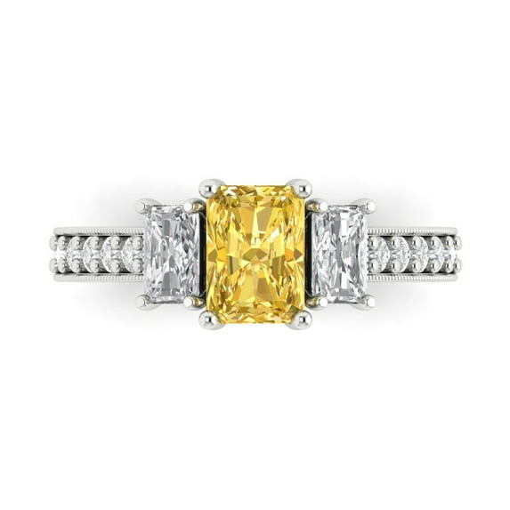 1.88 ctw 3 Stone Anniversary Ring for Women | Emerald Cut Simulated Yellow Diamond | Hyperallergenic Solid 18K White Gold