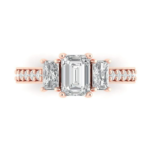 1.88 ct Emerald Cut White Sapphire 3 Stone 18K Rose Gold Womens Engagement Ring