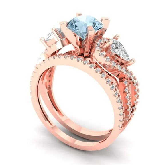 1.89 ct Brilliant Round Cut Blue Zircon 18k Rose Gold Solitaire with Accents Engagement Bridal Wedding Ring Band Set